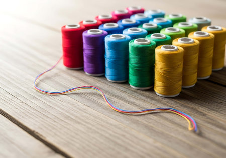 Spools of thread on a wooden background. Sewing kit.の写真素材