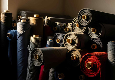 Rolls of fabric in a textile shop, closeup of photoの写真素材