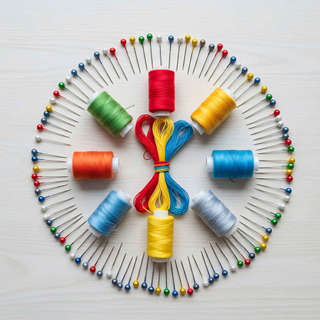 Colorful sewing threads and pins on white wooden background, top viewの写真素材