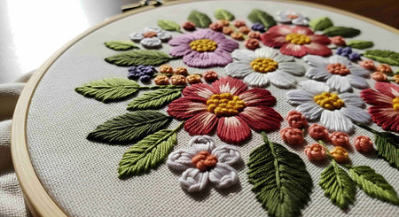 Handmade embroidery with colorful flowers and leaves on the tableの写真素材