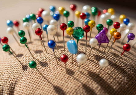 Colorful pins on sackcloth background, selective focus, shallow DOFの写真素材