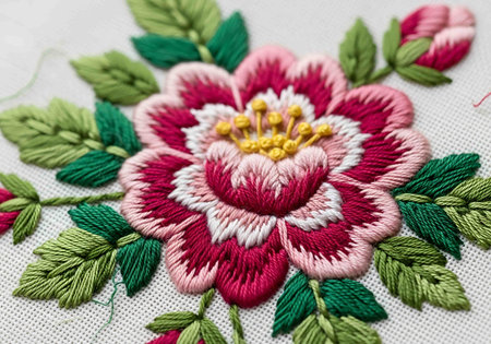 Embroidery on fabric as a background. Close-up.