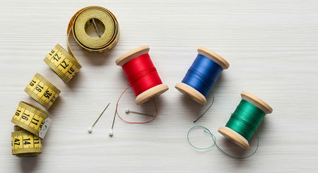 Spools of thread and measuring tape on a white wooden background.