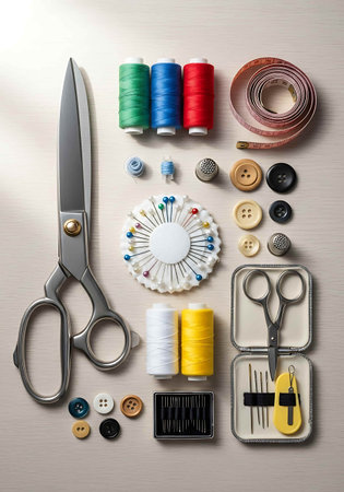 Sewing tools and accessories on a light background. top viewの写真素材