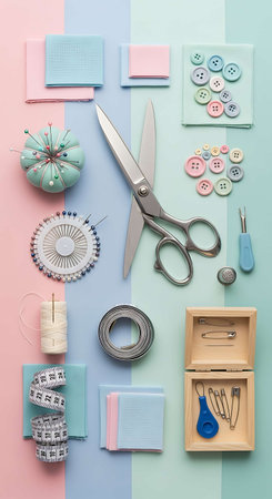 Sewing tools and accessories on colorful background. Top view.の写真素材