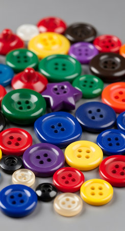 Colorful buttons on gray background. Selective focus. Shallow depth of field.
