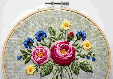 Embroidery on fabric with colorful flowers. Handmade.