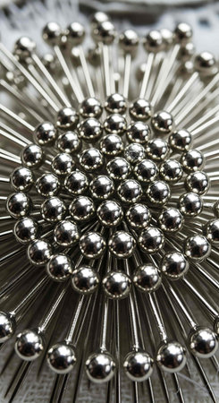 Close-up of a group of steel pins on a white backgroundの写真素材