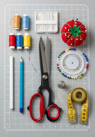 Sewing tools and accessories on gray background. Top view.の写真素材