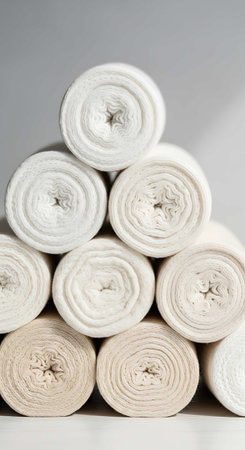 Rolled white towels on gray background. Shallow dof.の写真素材