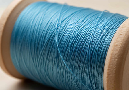 spool of blue thread close-up on a light wooden background