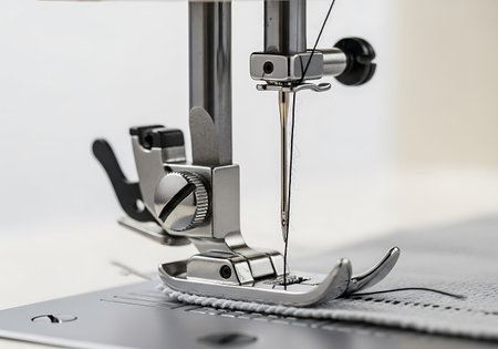 Detail of a sewing machine with a needle on a white backgroundの写真素材