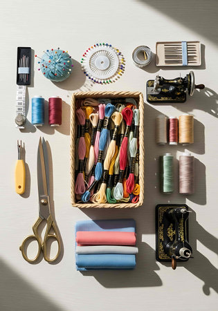 Sewing tools and accessories in a box on a white backgroundの写真素材