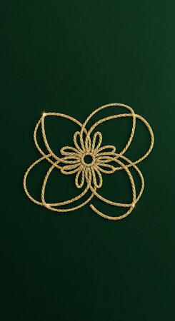 Golden rope with flower on dark green background. Flat lay, top view.の写真素材