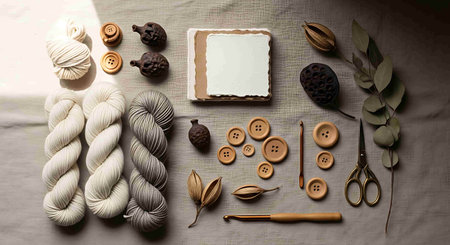 Woolen threads, scissors, buttons and a blank card for your textの写真素材