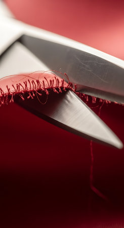 Scissors cutting red fabric, close-up shot with shallow depth of fieldの写真素材