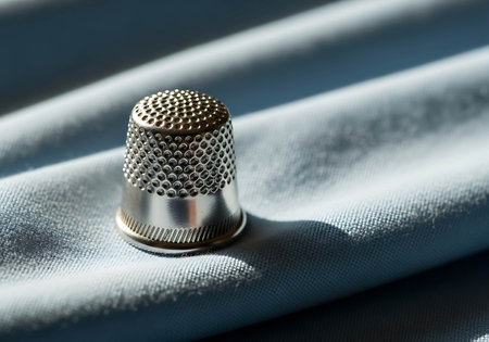 Metal thimble on a blue satin background close-up macroの写真素材