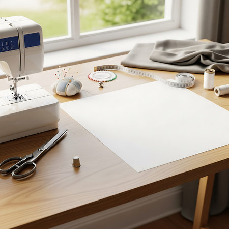 Seamstress workplace with sewing machine, tools and sketches on wooden tableの写真素材