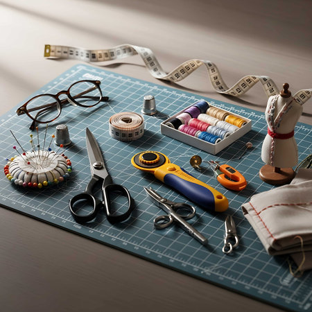 Seamstress workplace with sewing tools and accessories. Tailoring concept.の写真素材