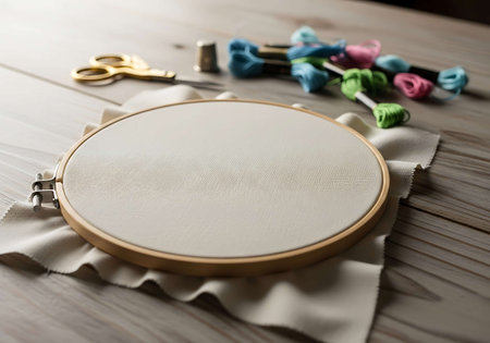 Blank picture frame with sewing accessories on wooden table, closeupの写真素材