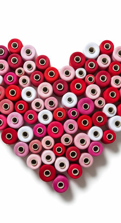 heart made of red and pink sewing threads on a white background.