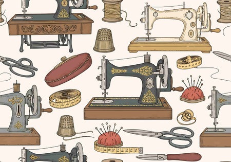 Seamless pattern with sewing tools and accessories. Vector illustration.