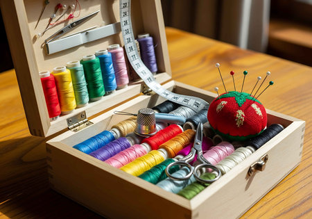 Sewing tools and accessories for needlework in a wooden boxの写真素材