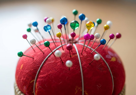 Sewing pins on a red cushion. Shallow depth of field.の写真素材