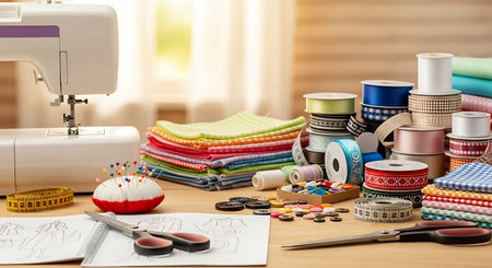 Seamstress workplace with sewing machine, threads, pins and other accessoriesの写真素材