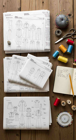 Sewing accessories and sketches for dressmaking on a wooden background