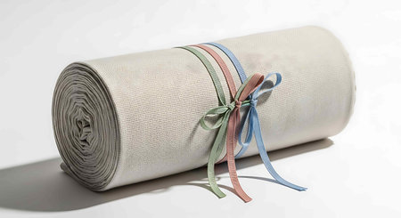 Roll of white fabric with blue and pink ribbons on white background