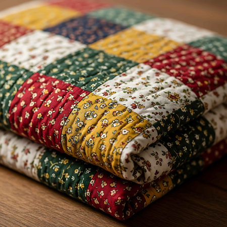 Close up of a stack of colorful quilted pillows.