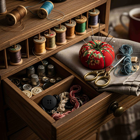 sewing accessories in a wooden drawer. vintage style. selective focus
