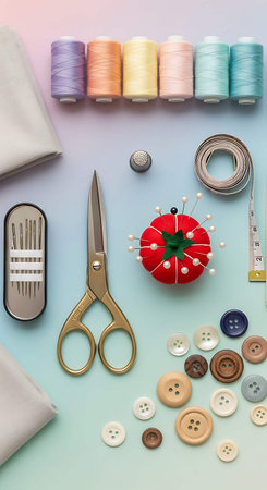 Sewing tools and accessories for needlework on a blue backgroundの写真素材