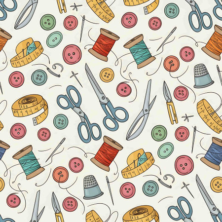 Seamless pattern with hand drawn sewing tools. Vector illustration.の写真素材