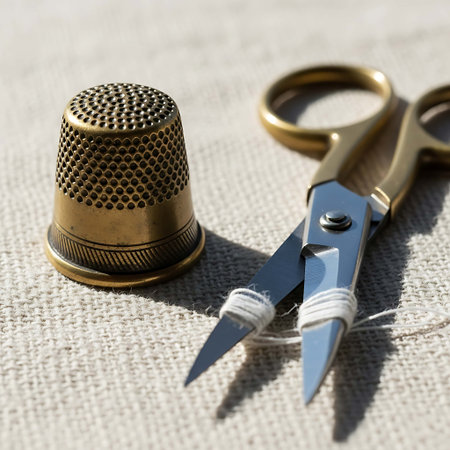 Scissors and thimble on a burlap background. Selective focus.の写真素材