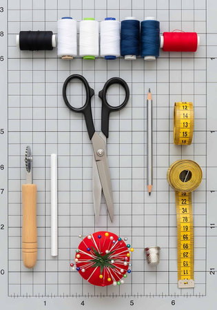 Sewing tools and accessories on graph paper background, top viewの写真素材