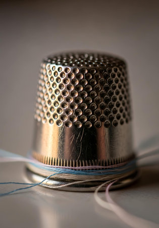 Metal thimble with thread on a gray background. Close-up.の写真素材