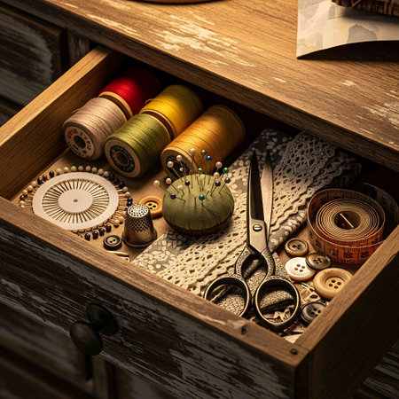 Sewing accessories in a wooden box. Toned image.の写真素材
