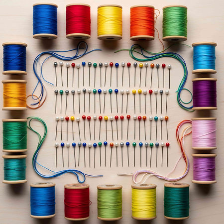 Colorful spools of thread on a light wooden background. Top view.