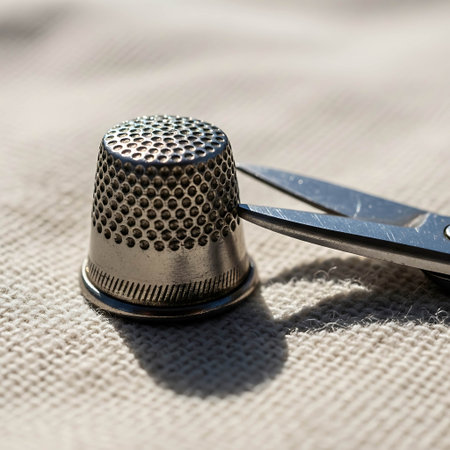 closeup of a steel thimble on a burlap background with copy spaceの写真素材