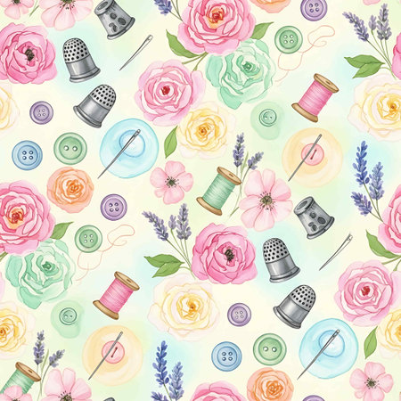 Seamless pattern with sewing tools and flowers. Vector illustration.の写真素材