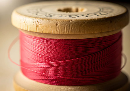 Spool of red thread for sewing on a wooden background closeup