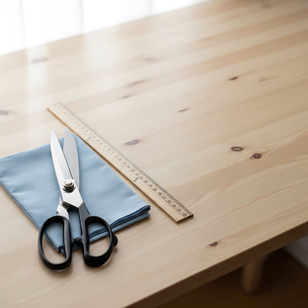 Scissors and a cloth on a table.の写真素材