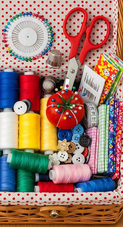 Set of tools and accessories for sewing in a basket on the table