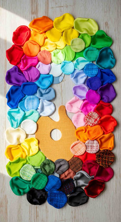 Colorful sewing accessories on wooden background. Top view. Flat lay.の写真素材