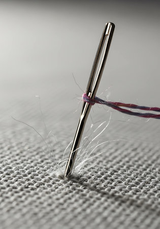 Needle and thread on gray fabric. Shallow depth of field.
