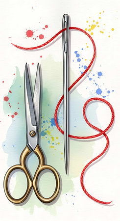 Scissors and thread on a white background. Watercolor illustration.の写真素材