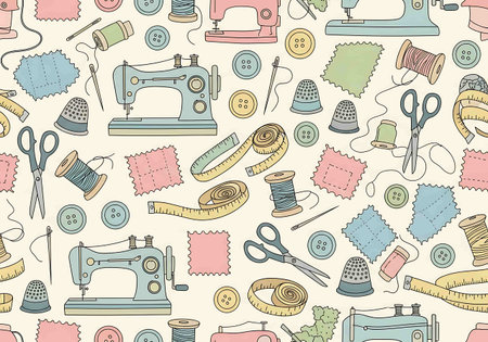 Seamless pattern with sewing tools and accessories. Vector illustration.