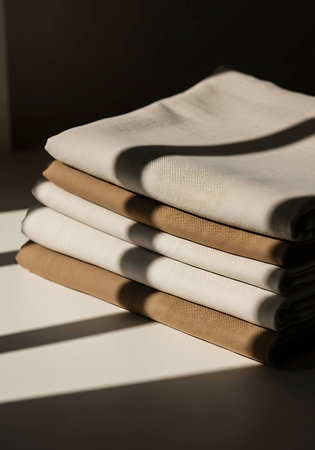 Stack of folded white and brown clothes on table with sunlight and shadowsの写真素材